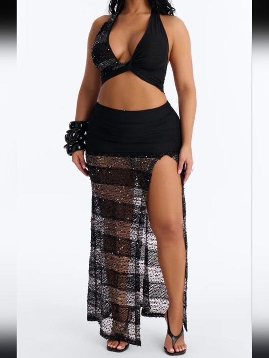 Fashion Nova Dresses & Skirts - Sequin Halter Cutout Maxi Skirt Set
